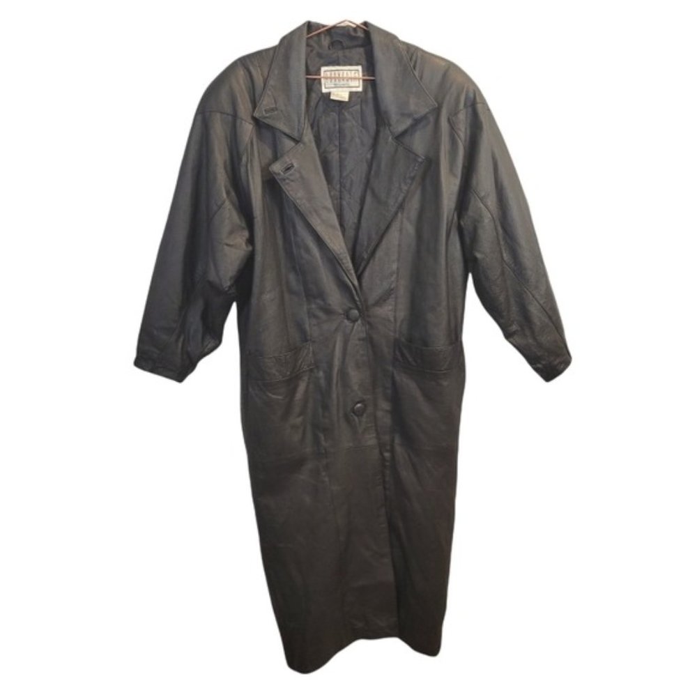 Vintage 90s BB Dakota | 100% Leather Long Trench Coat Jacket Button front Black